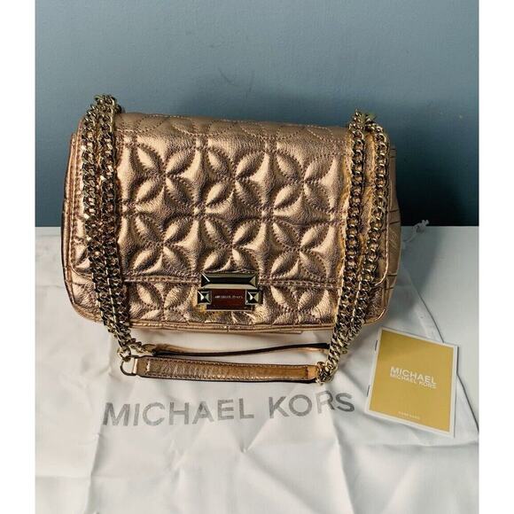 New Michael Kors Sloan Gold Chain Quilted Leather Shoulder Bag Rose Gold Shiny - Picture 1 of 16